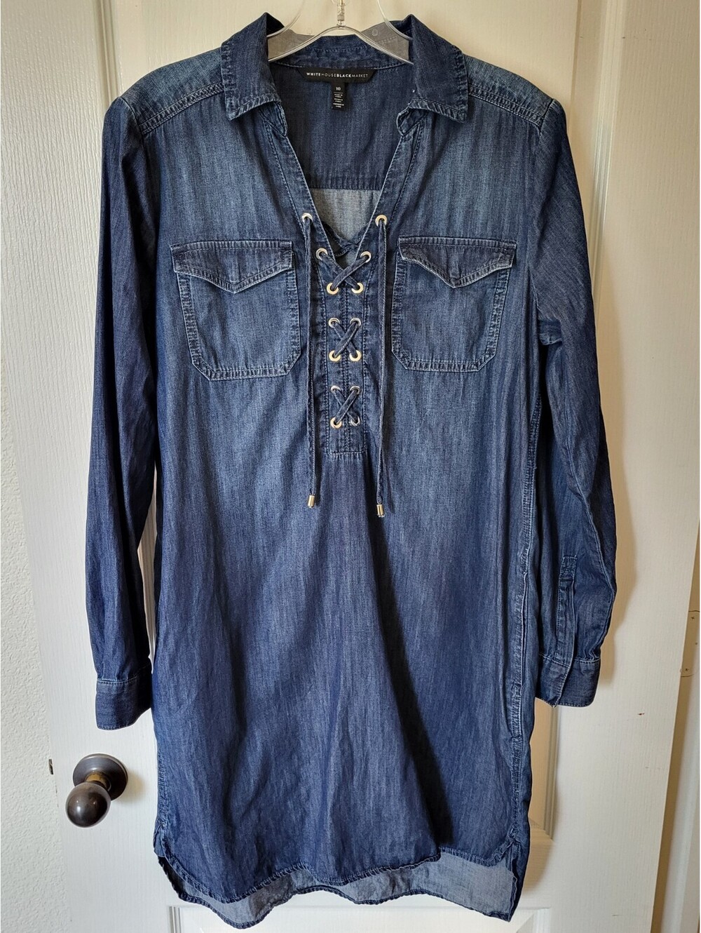 WHBM Denim Blue Jean Lace-Up Shirt Dress Long Sleeve Womens Sz 10 W/ Pockets